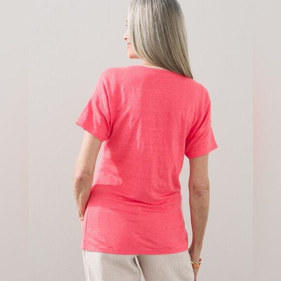 Chico's Linen Sweater Trim Pullover Relaxed Tee In Coral Pink Size 2 [US Large] - Picture 2 of 10